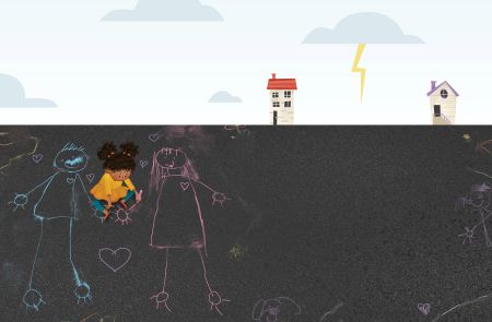 stylized artwork of a small child drawing two adults on playground pavement in chalk while in the background a bolt of lightning comes down between two houses